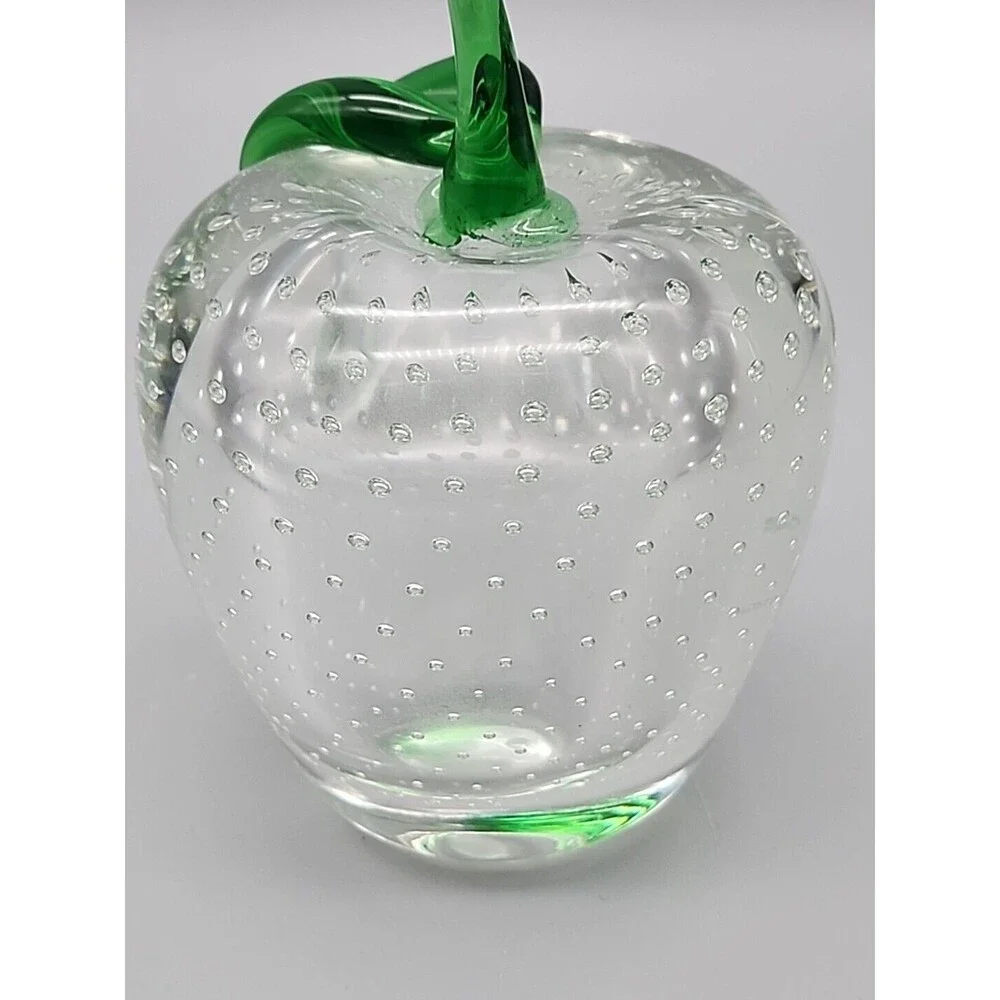 Art Glass Apple Bullicante Paperweight Clear Green Stem 4.5